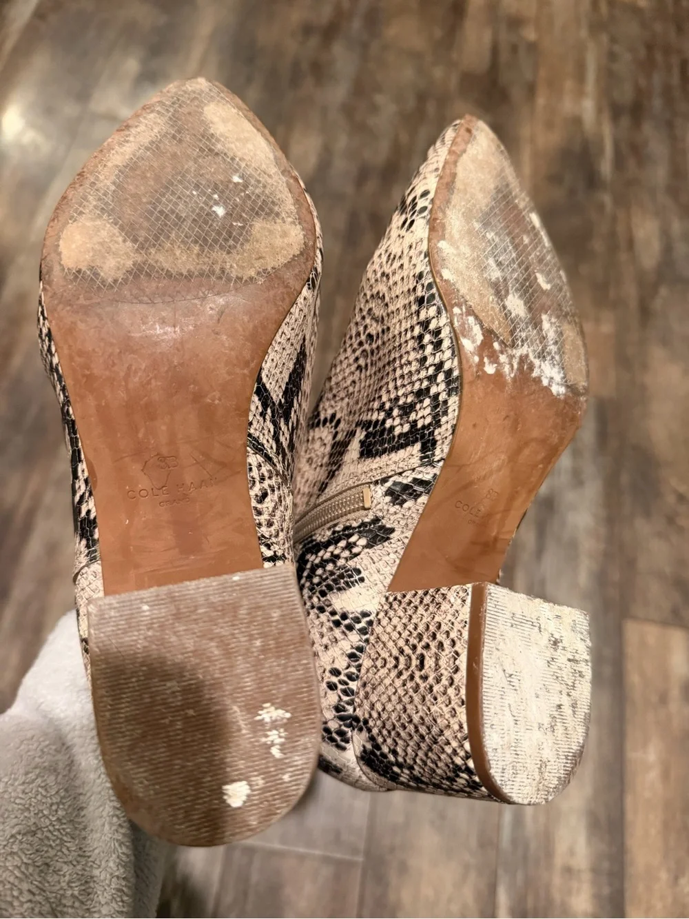 Cole Haan Snake-Print Pointed Ankle Booties in Taupe and Black